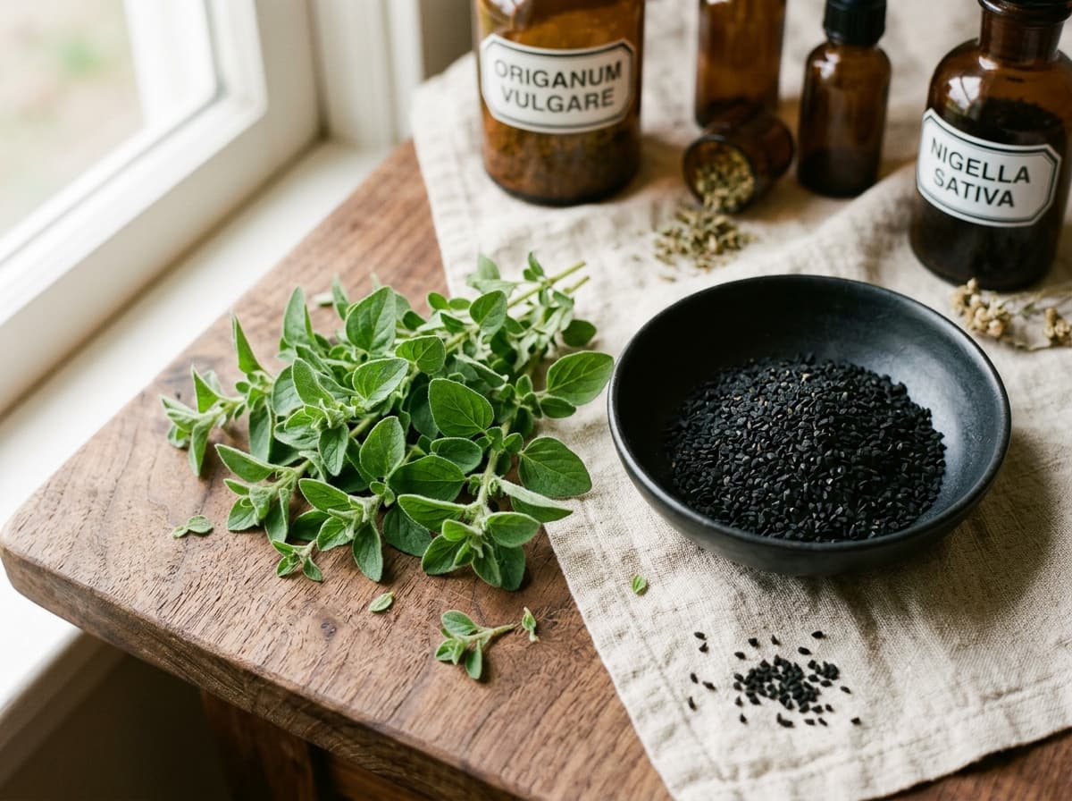 Fresh oregano and nigella sativa black seeds on linen