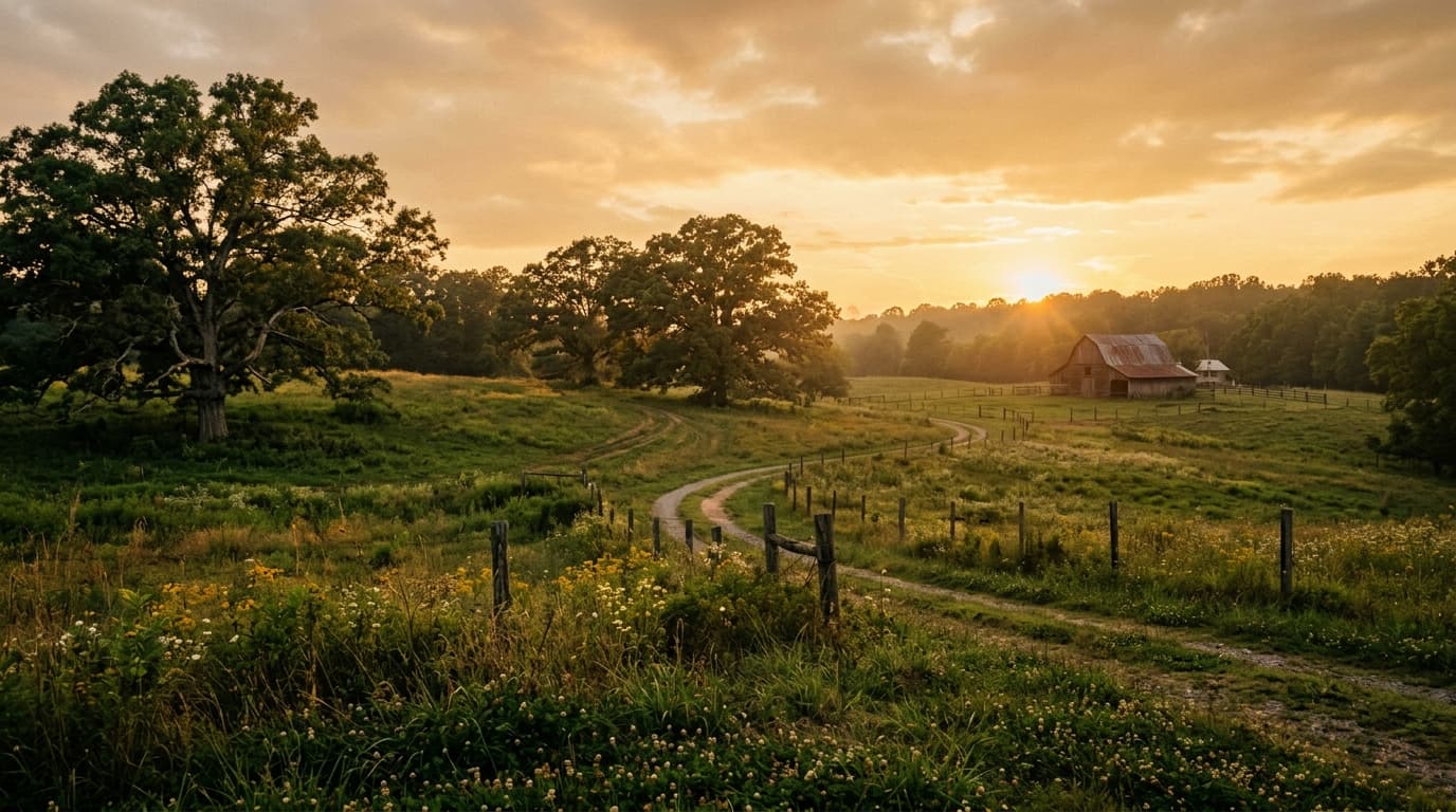 Peaceful rural Southern meadow at golden hour sunset